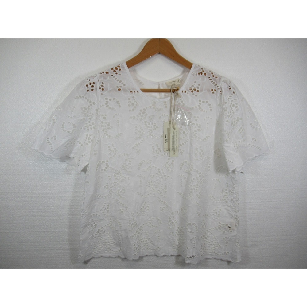 NEW Nicole Miller Embroidered Eyelet Artelier Blouse Women Large White Cotton